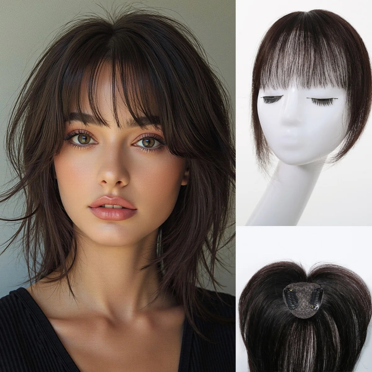 100% Human Hair Blonde Ombre Blunt Cut Wispy Bangs with Sideburns 5x5cm Clip-in Fringe Hairpiece with Top Hair Patch for Daily