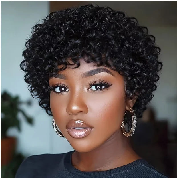 Short Black Kinky Curly Wig for Women Natural Pixie Cut Afro Tiny Coily Synthetic Hair Wigs Heat Resistant Daily Hairstyle