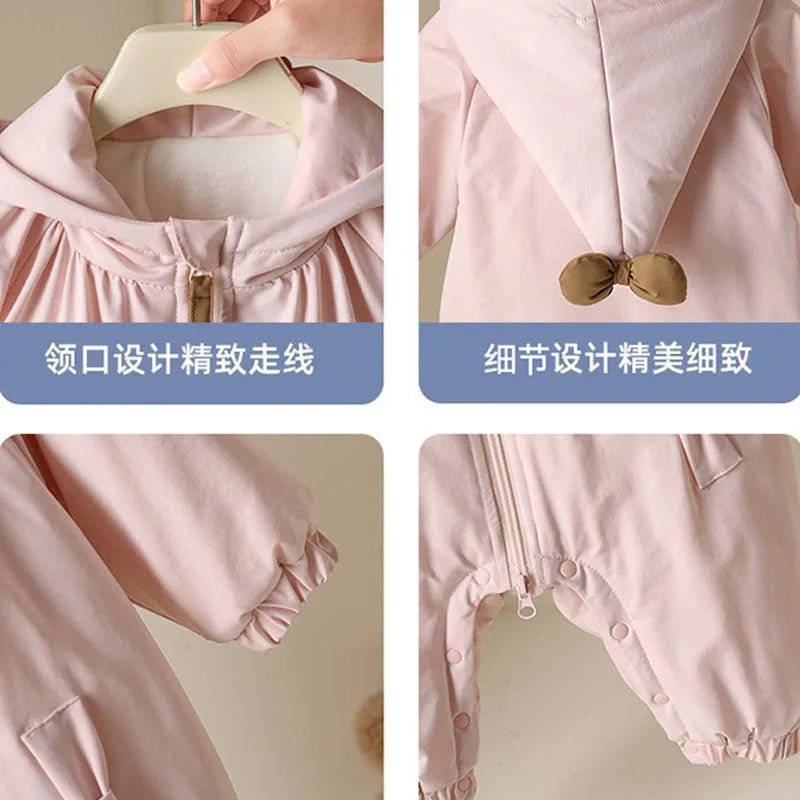 Winter Rompers Baby Girls Clothes Korean Fashion Pink Cute Hooded Bow Warm Thicker Jumpsuit Infant Costume Newborn Items B383