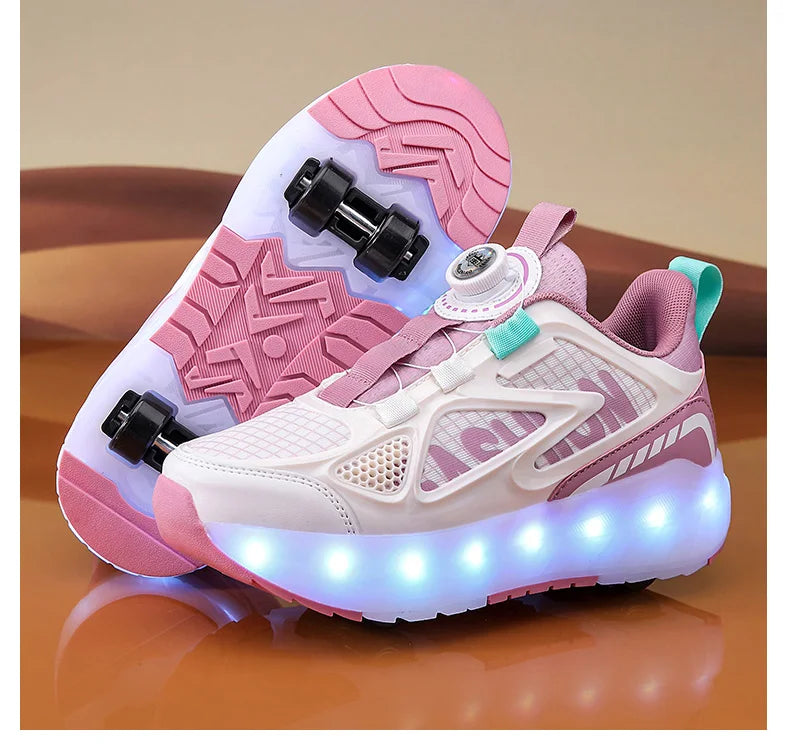 Children's Roller Skate Shoes 4-Wheels Removable Wheeled Rolling Shoes for Kids with LED Light Inline Skate Sneaker