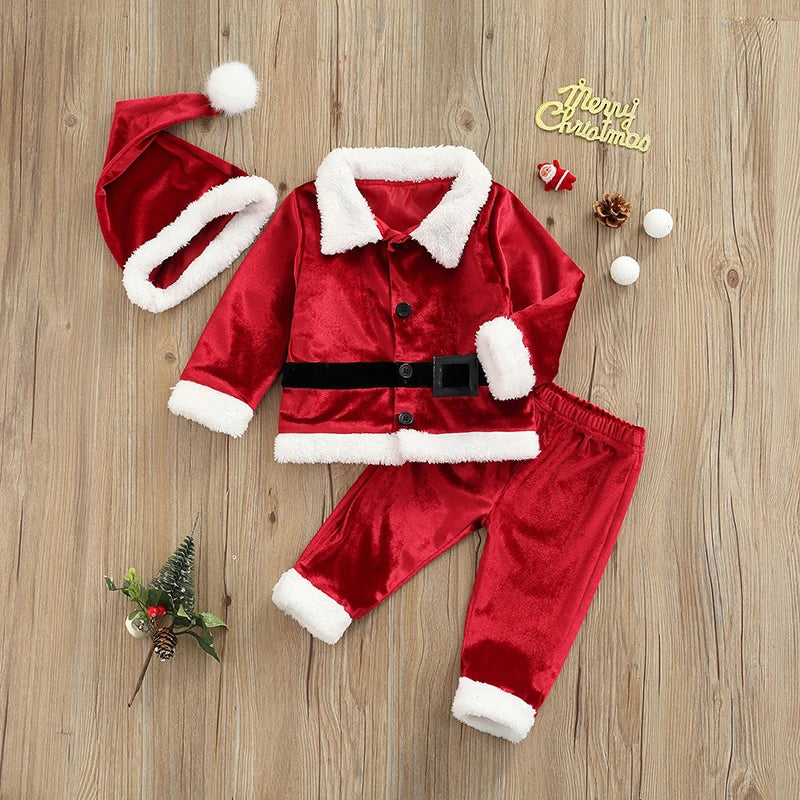 Baby Christmas Clothes Boys Girls Santa Jacket Velvet Outwear Coat Long Pants with Hat Baby Santa Costume