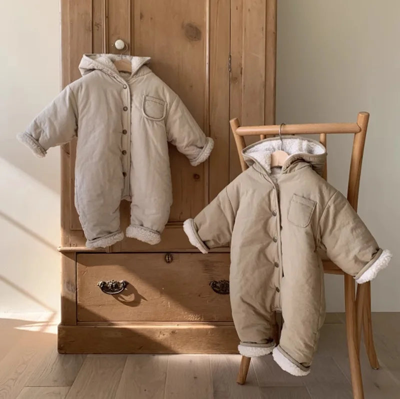 2025 Winter New Baby Fleece Hooded Romper Solid Infant Boy Lamb Cashmere Jumpsuit Plus Velvet Thick Toddler Girl Warm Clothes