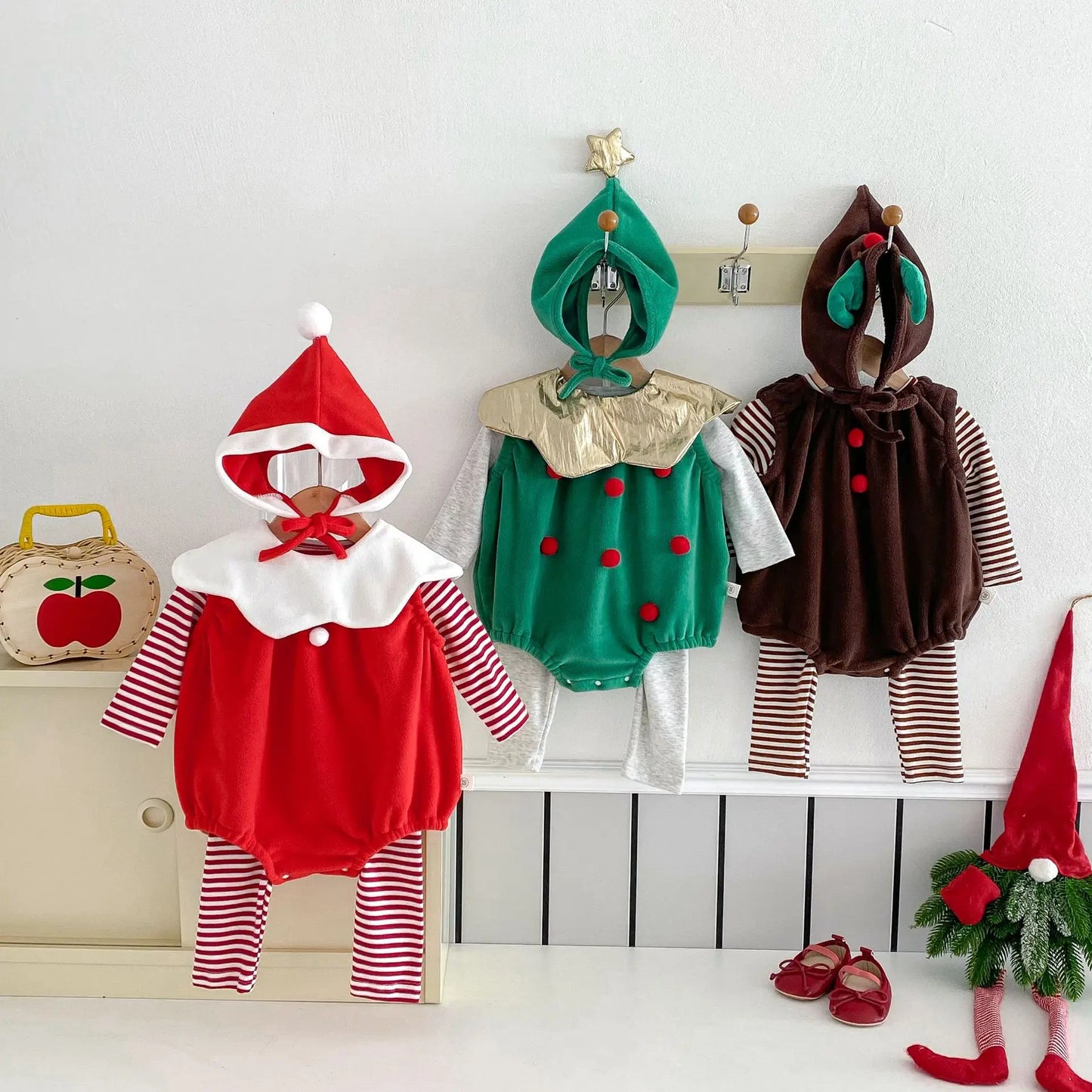 Baby Girl Boy Autumn Winter Christmas Cute Sleeveless Bodysuit Long Sleeve Striped Top Pants Infant Bibs Newborn Clothes B6091