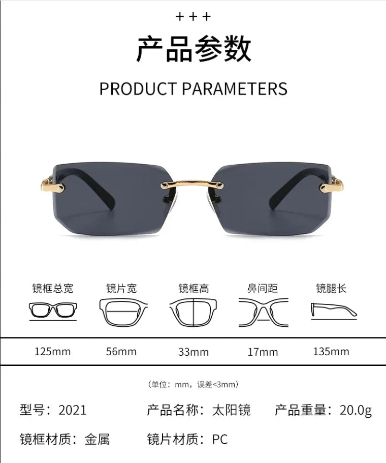Rimless Sunglasses Rectangle Fashion Popular Women Men Shades Small Square Sun Glasses For Female Male Summer Traveling Glasses