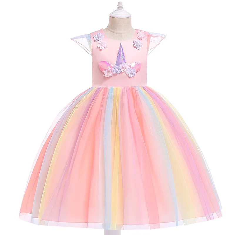 Girl Unicorn Halloween Fancy Princess Dress Teen Girls Rainbow Colorful Cosplay Costume Kids Birthday Party Dresses Tulle Wear