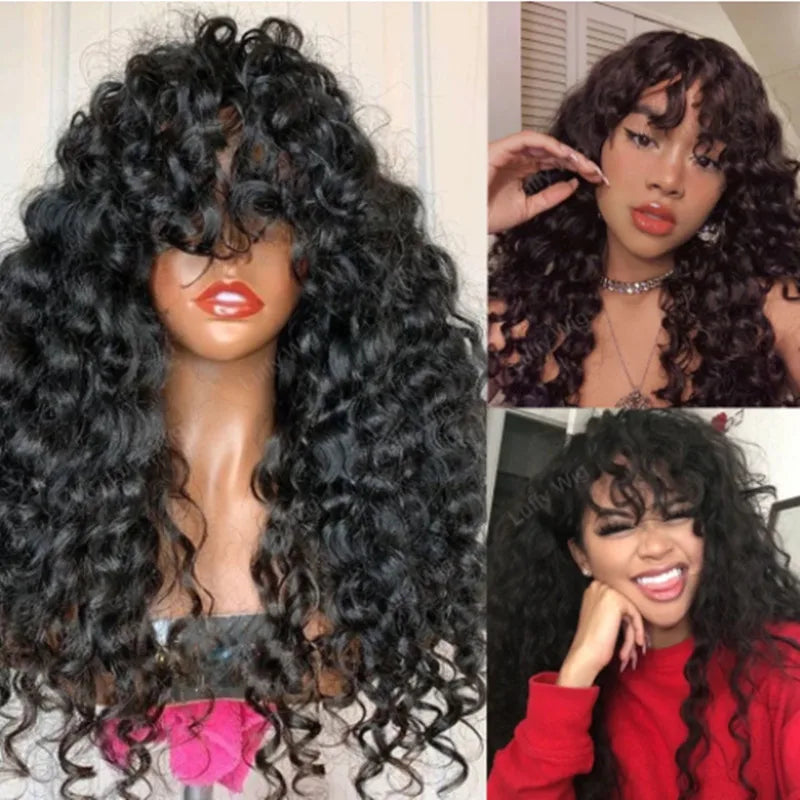 Soft 26“Long Natural Black Kinky Curly 180Density Lace Front Wig With Bangs Synthetic For Women High Resistant Glueless Daily