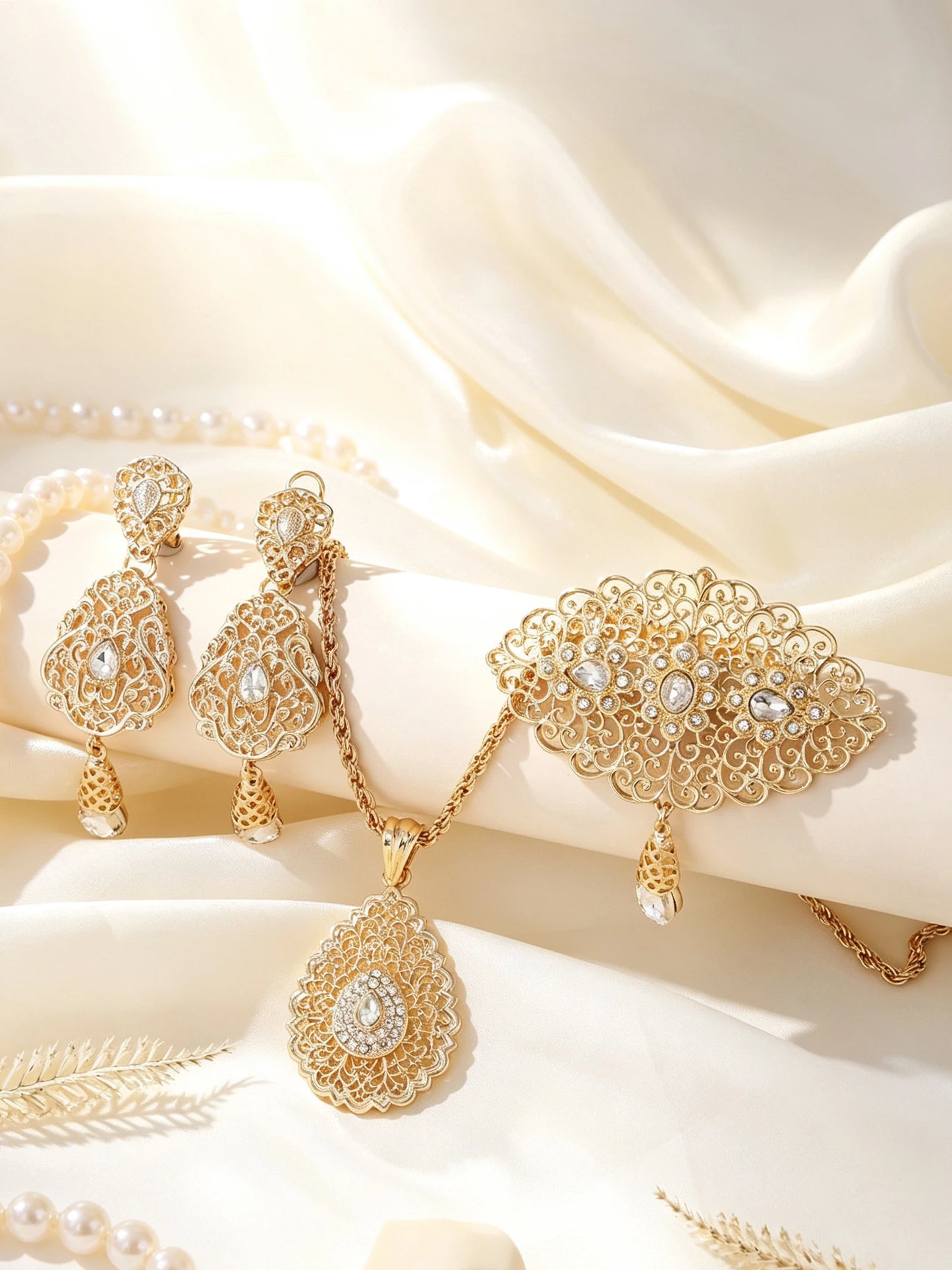 Moroccan Gold Jewelry Set Filigree Pendant Necklace Earrings Brooch For Women Arabic Wedding Party Zinc Alloy Ornament Gift