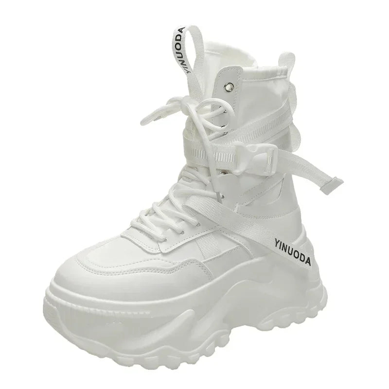 Hot Fashion Women Chunky Platform Motorcycle Boots White Lace Up Thick Bottom Shoes Woman Autumn Winter Ankle