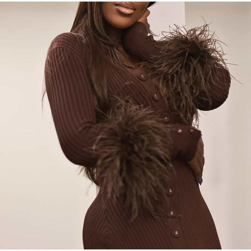 Sexy Knitted Fur Long Party Dress Women Solid Patchwork Full Sleeve V-neck Single Breasted Slim Dresses 2025 Fashion Evening Rob