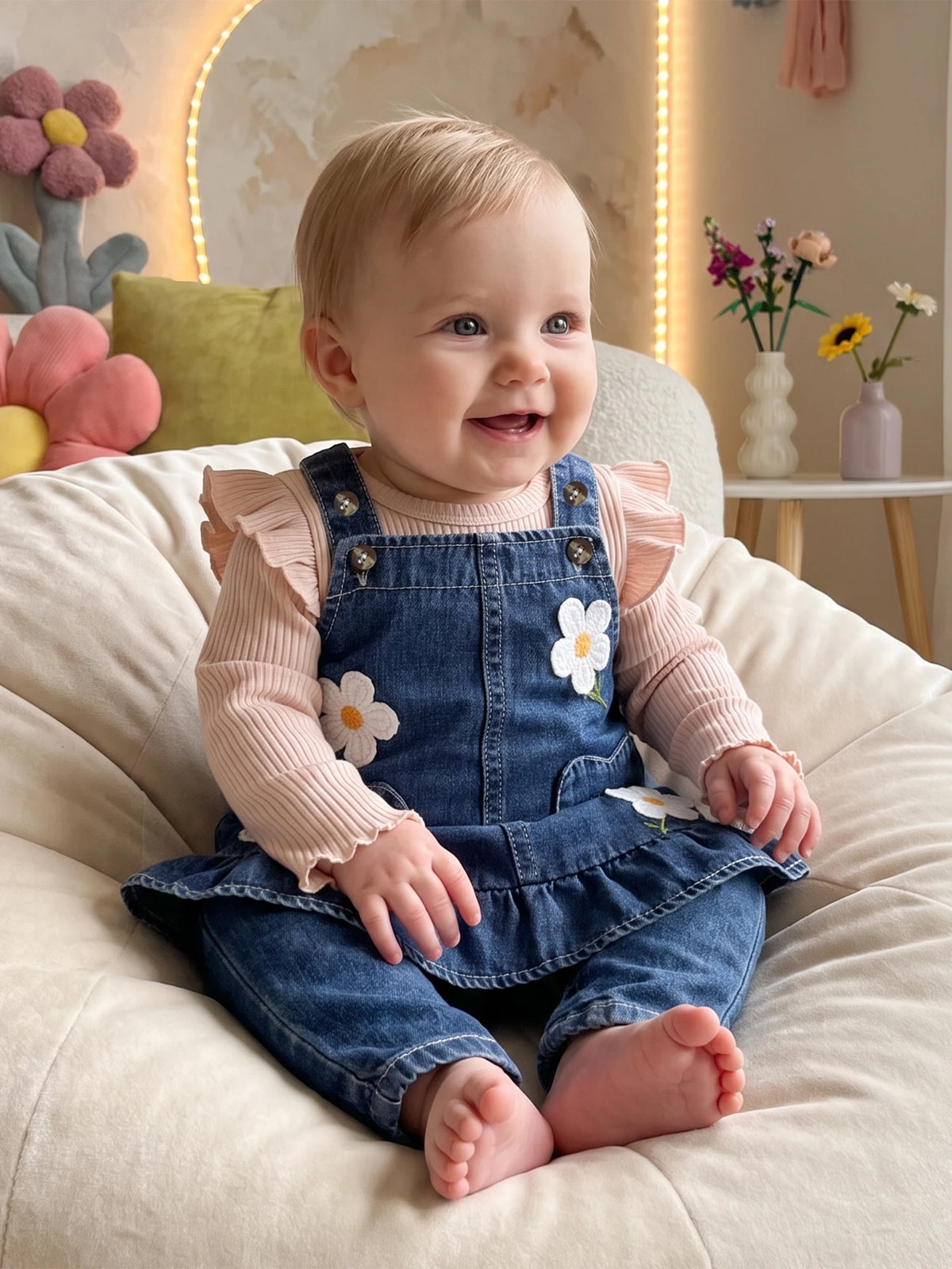 Baby Girl Fall Winter Outfit Fly Long Sleeve T Shirt Sleeveless 3D Flower Denim Dress 2Pcs Set
