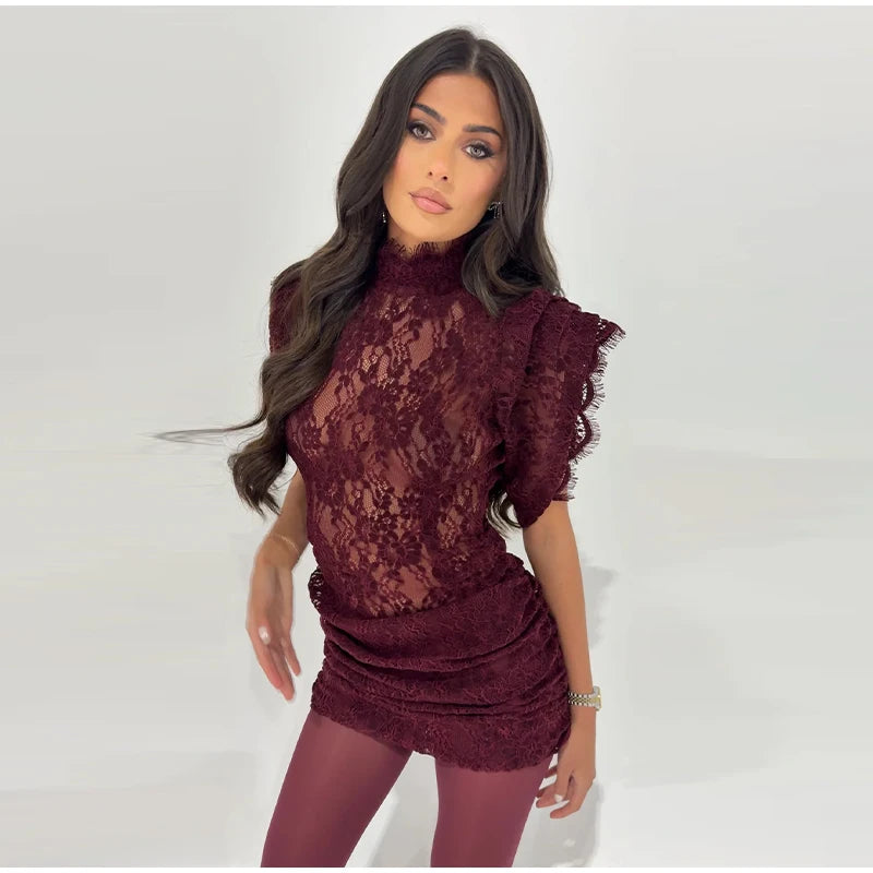 Sexy Lace See Through Party Dress Women Slim Fly Sleeve O-neck Evening Solid Dresses Female 2026 Patchwork Pleated  Robe Lady
