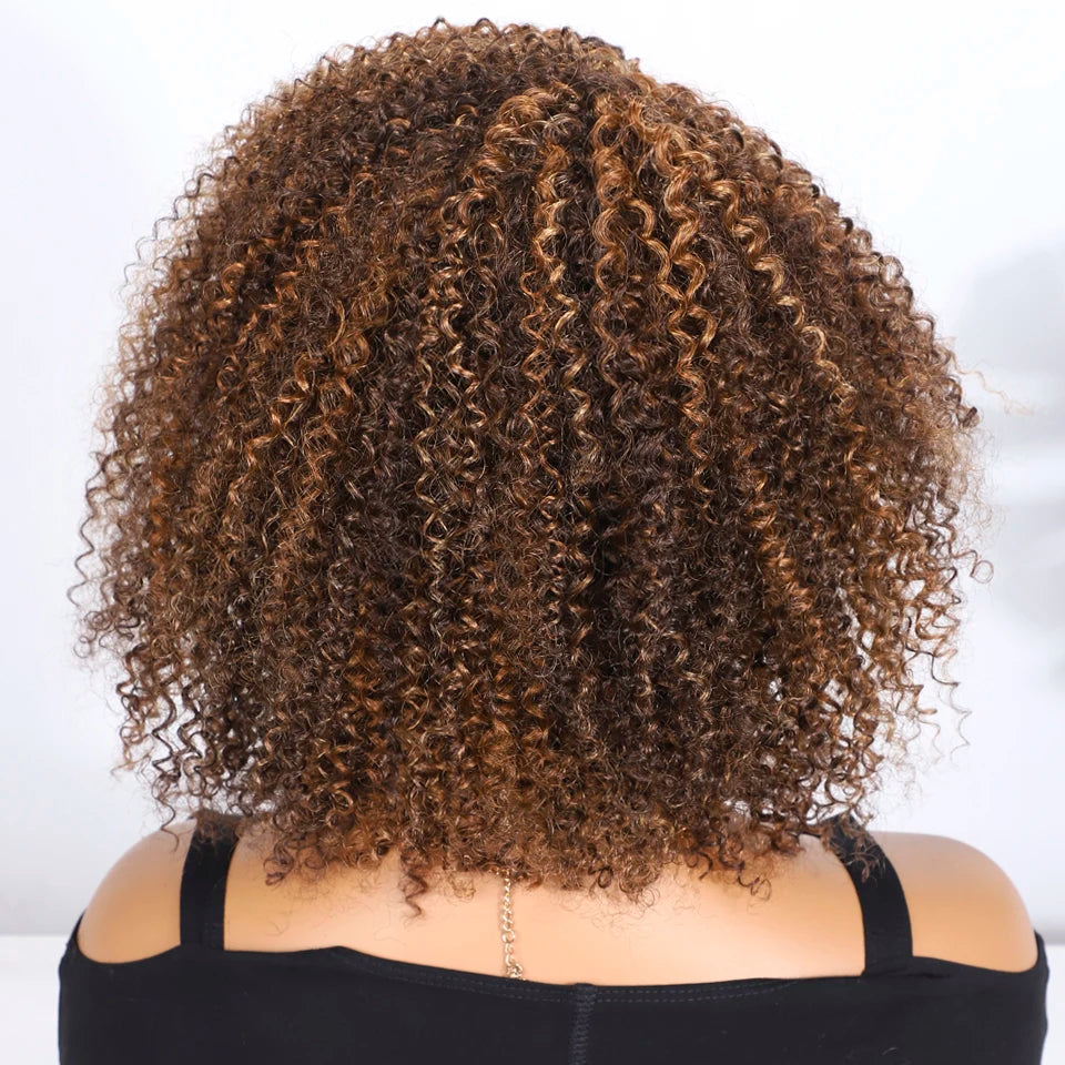 Lekker Highlight Brown Kinky Curly Bob 100% Human Hair Wigs For Women Brazilian Remy Hair Full Machine Made Clearance Curly Wigs