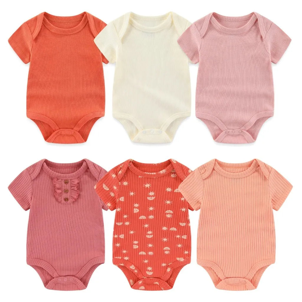 Newborn Ribbed Bodysuits Set 6PCS Cotton Baby Girl Clothes Animal Print Baby Boy clothes Solid Color Short Sleeve