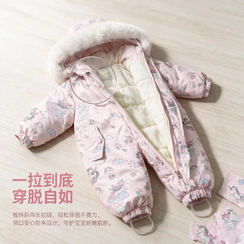 Bellbell Winter 2-6Yrs Girls Snowwear Jumpsuit Faux Fur Hooded Floral Print Kids Baby Girl Romper Thicken Warm Toddler Bodysuit