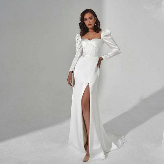 Civil Long Puff Sleeve Mermaid Wedding Dress Sweetheart Side Slit Beach White Satin Bridal Gown For Bride Corset Robe De Mariee