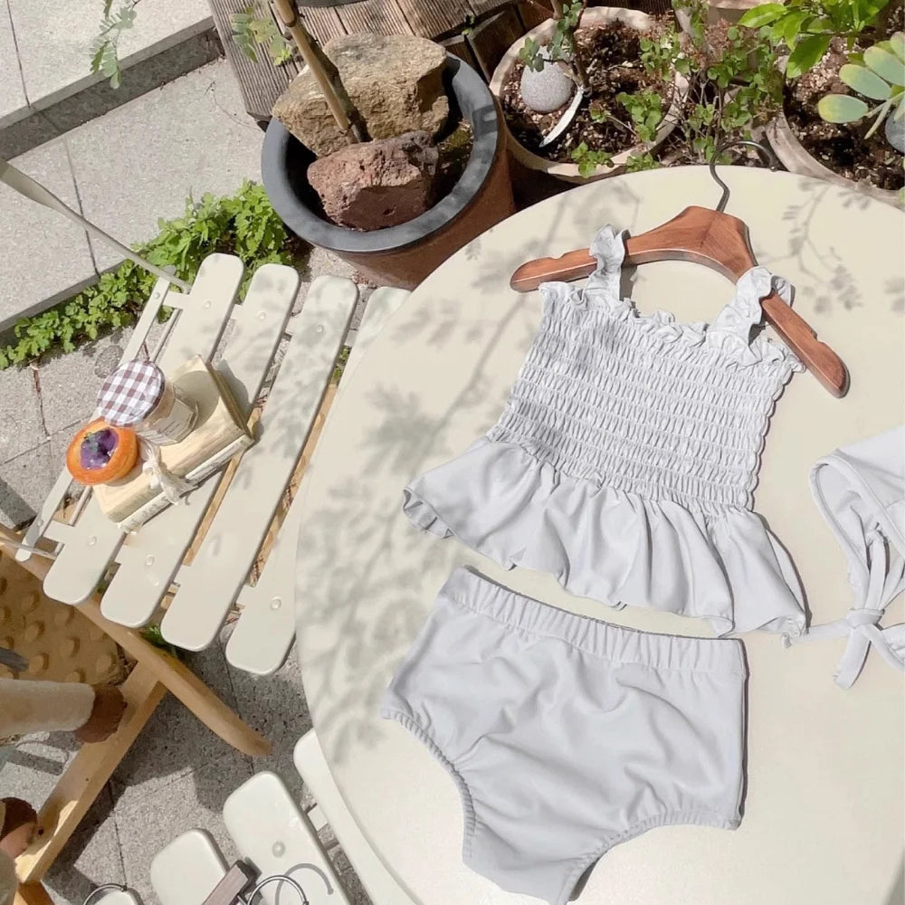 2024 Summer Newborn Infant Suit Kids Swimsuits Baby Girls Solid Color Suspenders Pleated Swim Dress+Shorts+Hat Todder 3Pcs Set