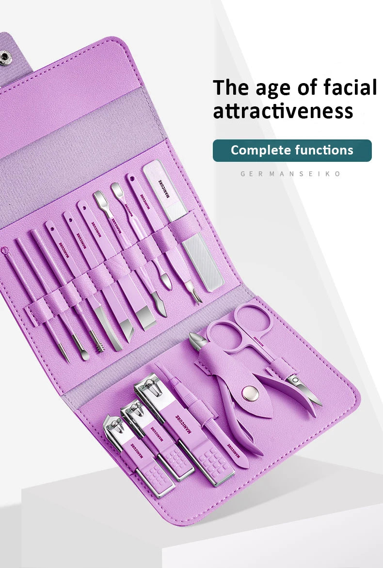 Professional Manicure Set 12/16 Pcs Full Function Kit Stainless Steel Pedicure Sets With Leather Portable Case Idea Gift