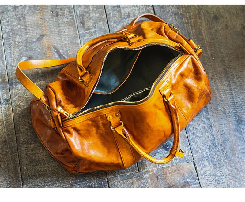 Vintage fashion luxury genuine leather men's travel bag outdoor weekend large capacity crossbody bag real cowhide women handbag