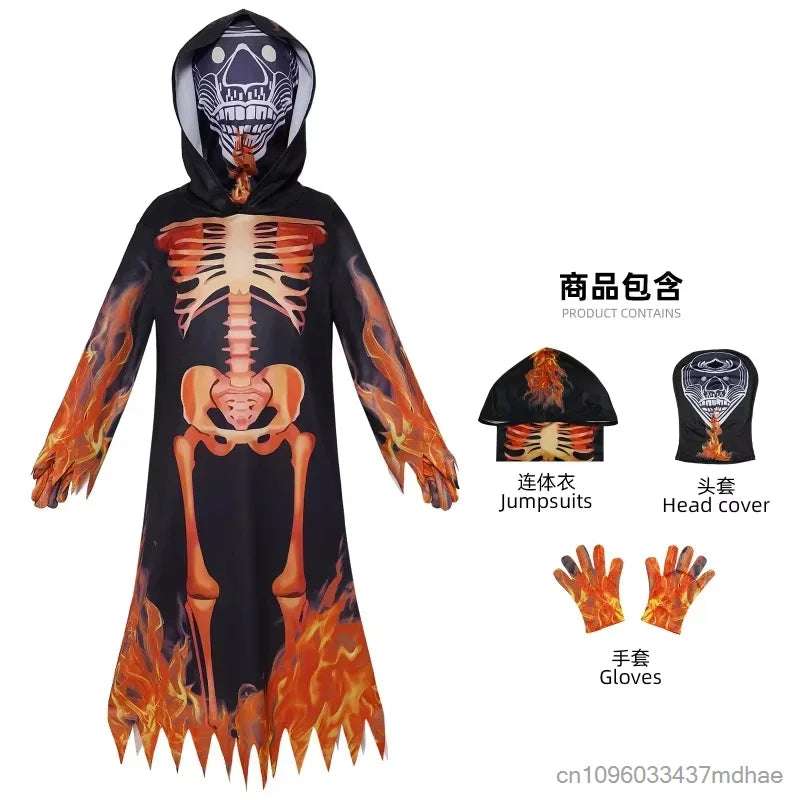 Halloween Costumes Hooded Robe Scary Death Skull Cosplay Suits Party Stage Performance Flame Skeleton Ghost Role Play Outfits