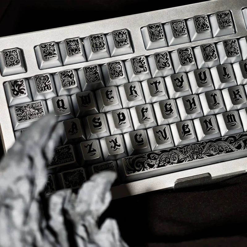 Cthulhu PBT Keycaps Set,130 Keys Custom Black Silver Metallic Silver Finish Cherry Profile Keycap For MX Mechanical Keyboard