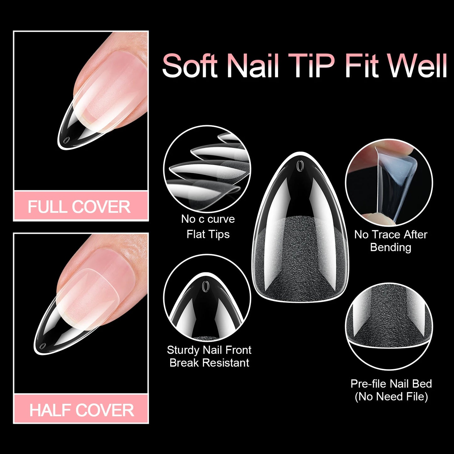 360pcs Soft Gel Nail Tips Semi-Matte Full Cover Almond Coffin Oval False Soak Off Gel Extension Tips Press On Nails Salon Home