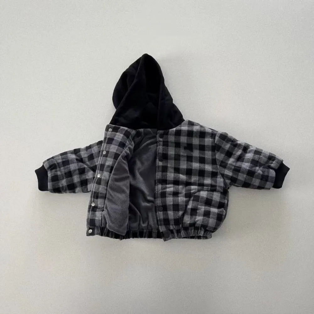 2025 Winter New Baby Warm Plaid Coat Kids Boys Girls Hooded Cotton Padded Jacket Kids Vintage Windproof Tops Children Clothes