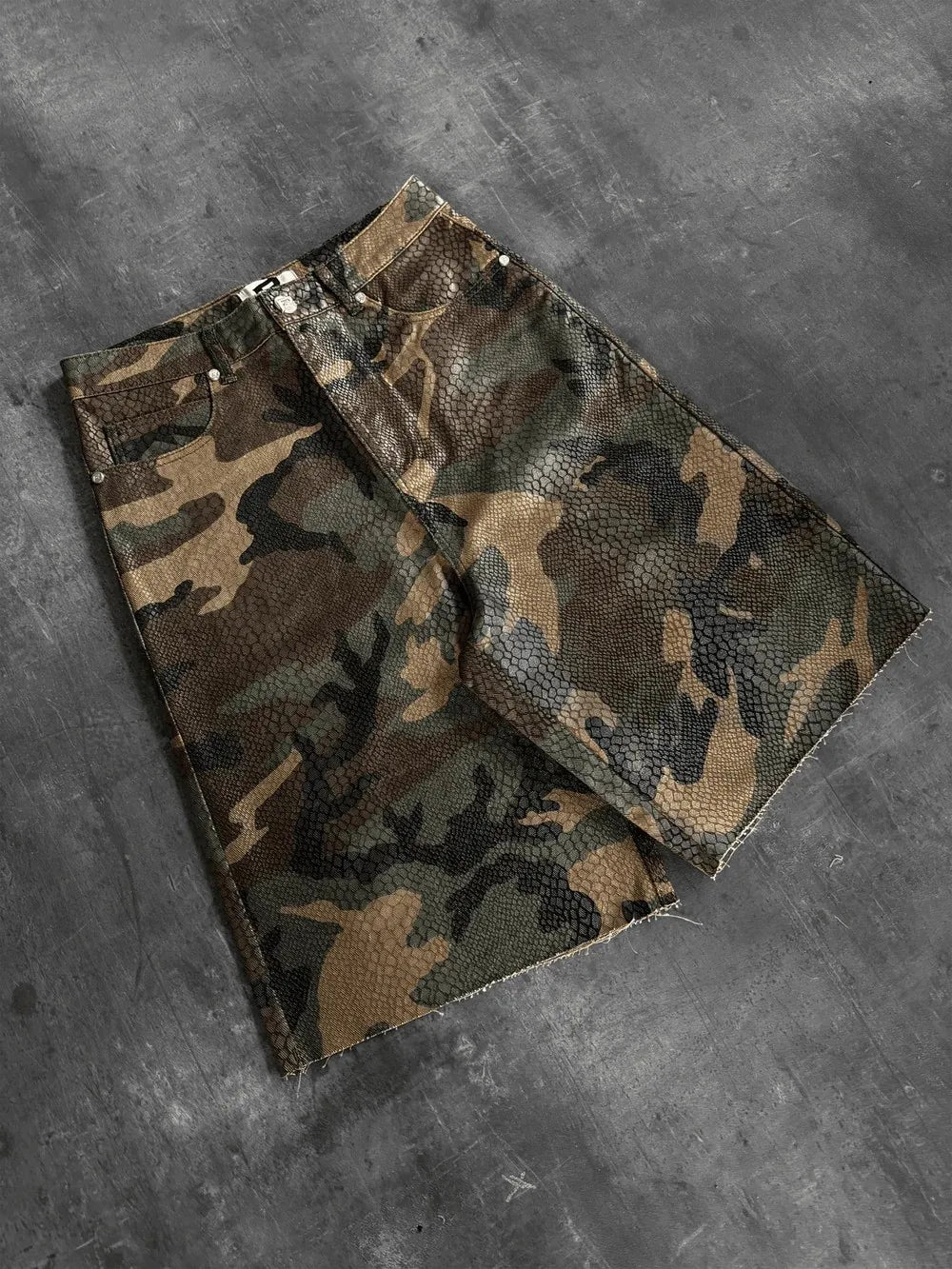 Python Camo Print Retro Cowboy Denim Shorts High Street Hip Hop Middle Pants High Waist Straight Tube Loose Five Point Shorts