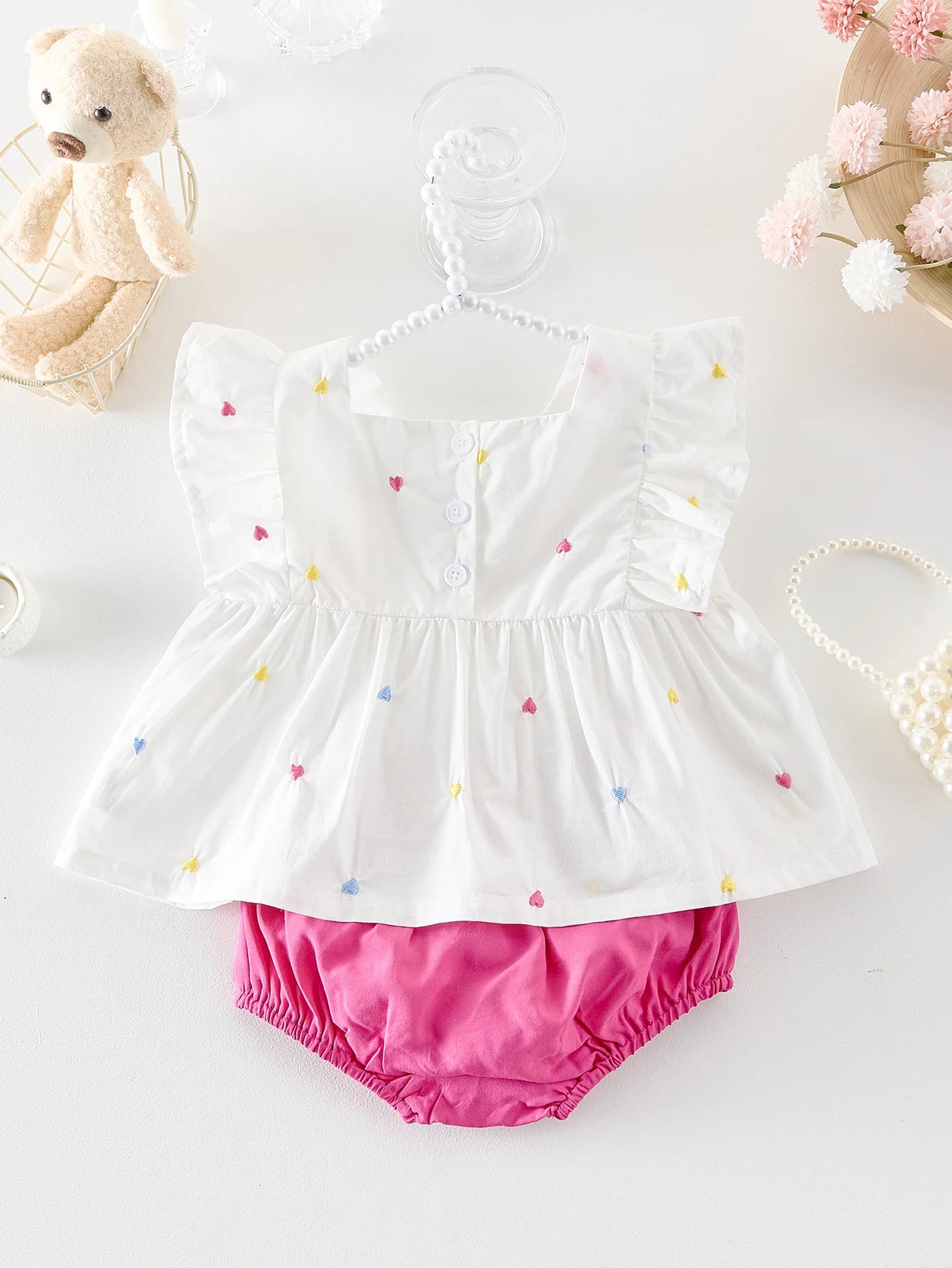 A sweet embroidered summer baby girl set with flying sleeves and shorts