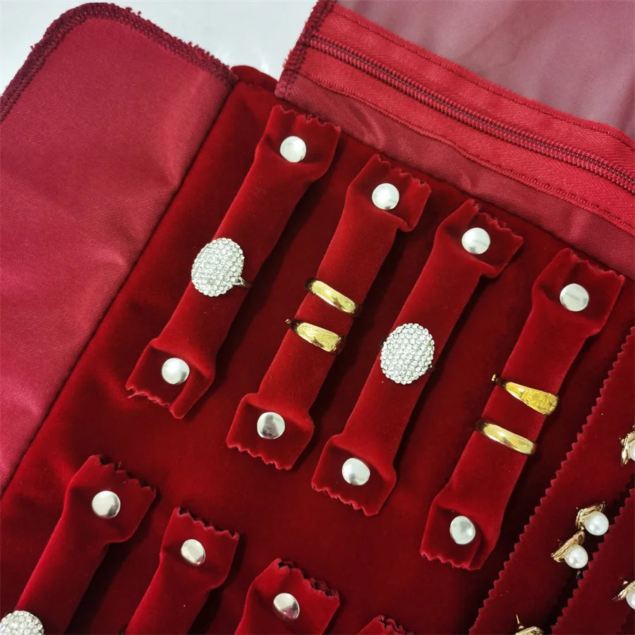 Burgundy Velvet Jewelry Roll Bag Portable Foldable for Necklace Earrings Ring Travel Exhibitions Organizer Storage Bag