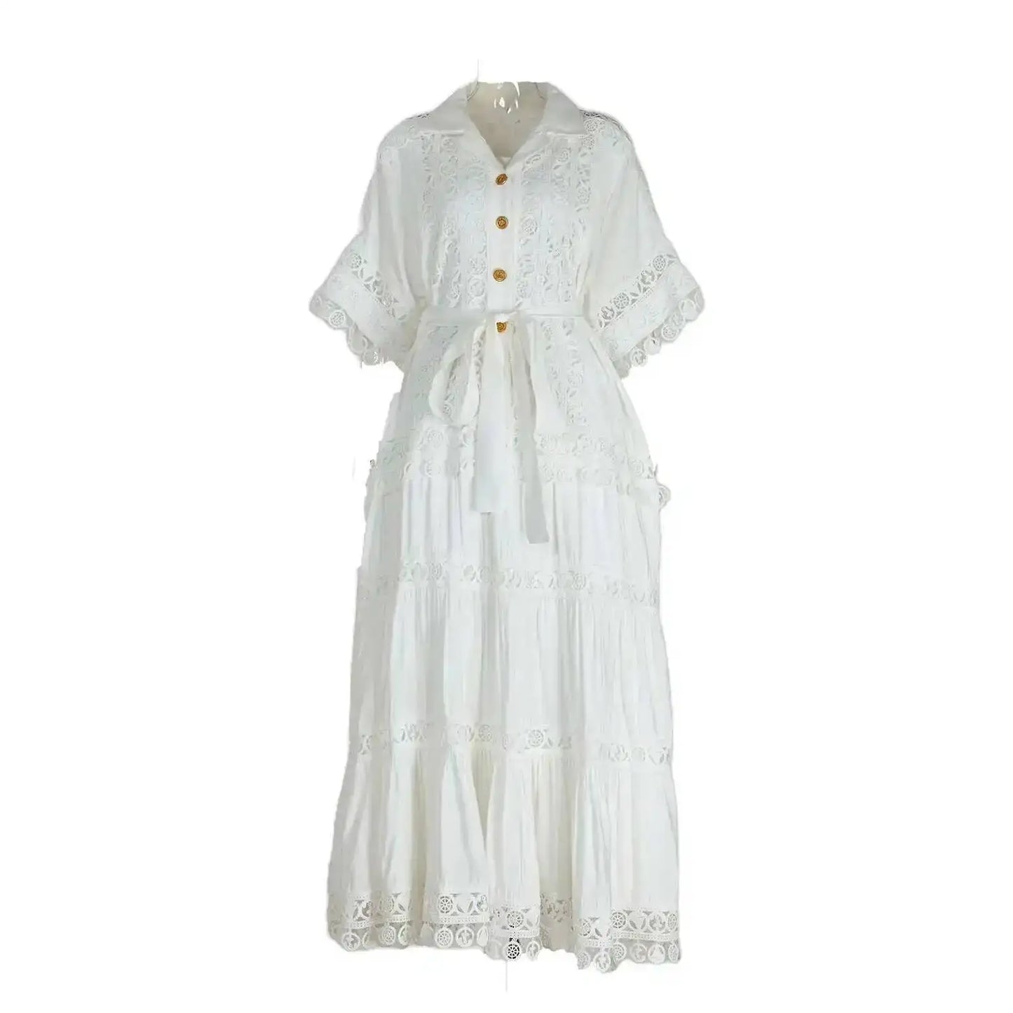 Luxury Long Maxi Dresses Shirt Women 2025 Summer Holiday Lace Embroidery Cotton Loose Big Size Hollow Out Wedding Dress White