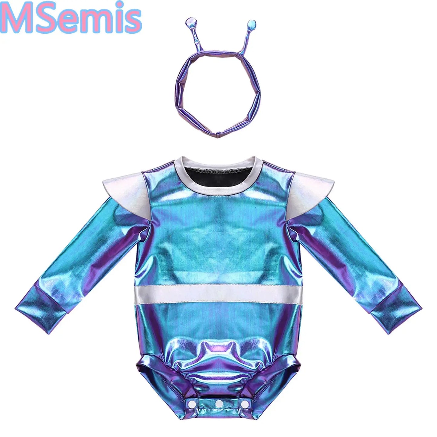Toddler Boys Girls Metallic Alien Dress-up Costume Jumpsuit Halloween Outer Space Party Cap Sleeve Shiny Romper for Photography