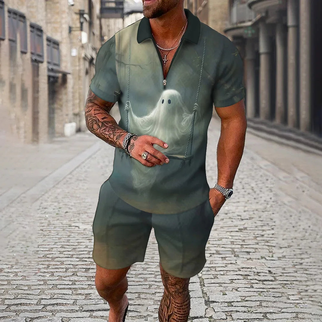 Men Tracksuit Summer New 3D Printed Beach Zipper Polo Shirts Shorts 2 Pcs Sets Boho Geometric Style Holiday Clothing Ropa Hombre