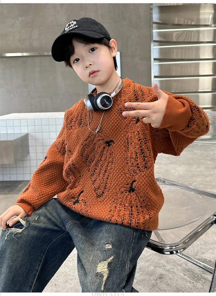 Children Halloween Pumpkin Sweater For Boys Fancy Knitted Outfit Clothing Kids Elegant Pullover Knitwear For Teenagers Age 5-14T