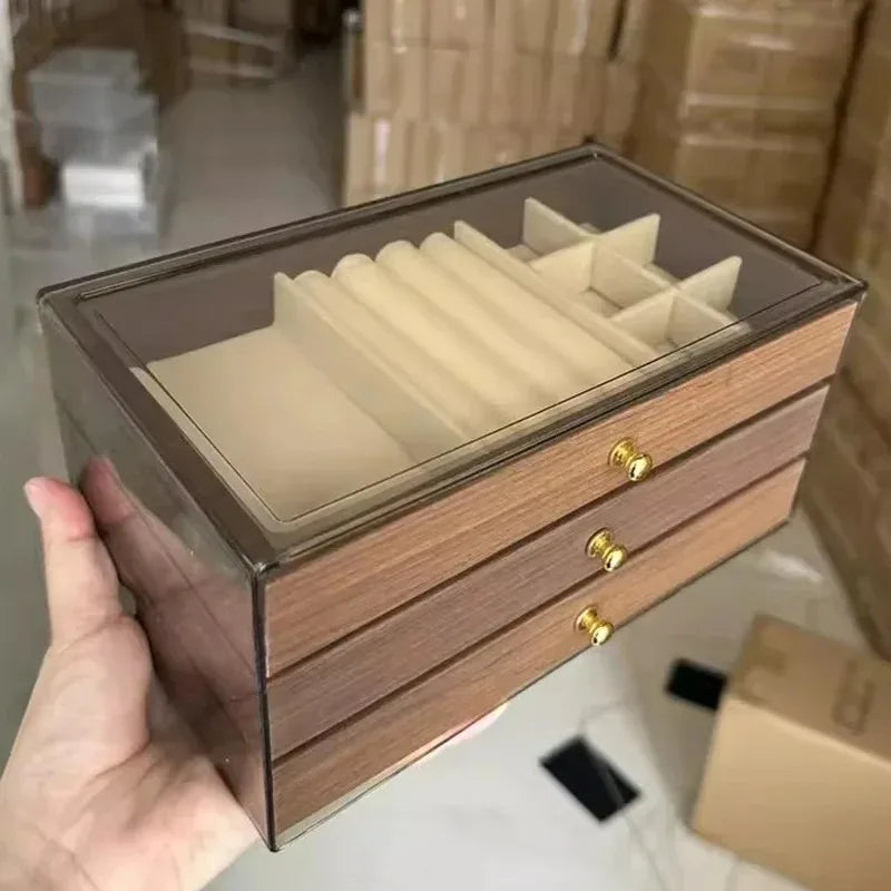 3-layer Large Capacity Drawer Walnut Wood Jewelry Storage Box Suitable for Earring Necklace Ring Jewelry Oxidation Prevention