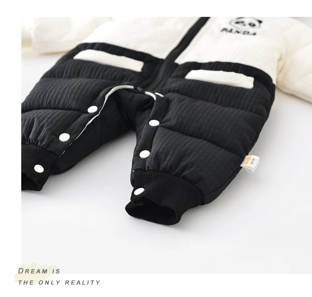2024 Winter Baby Long Sleeve Warm Hooded Romper Cute Panda Print Newborn Plus Velvet Thick Jumpsuit Infant Girl Boy Warm Clothes