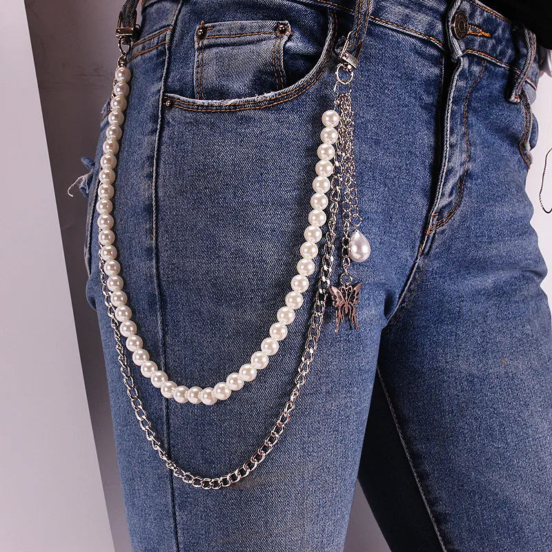 Round Cute White Pearl Belly Chain for Women Trousers Hipster Pant Jean Resin Keychain Ring Clip Tassel Art Accessory