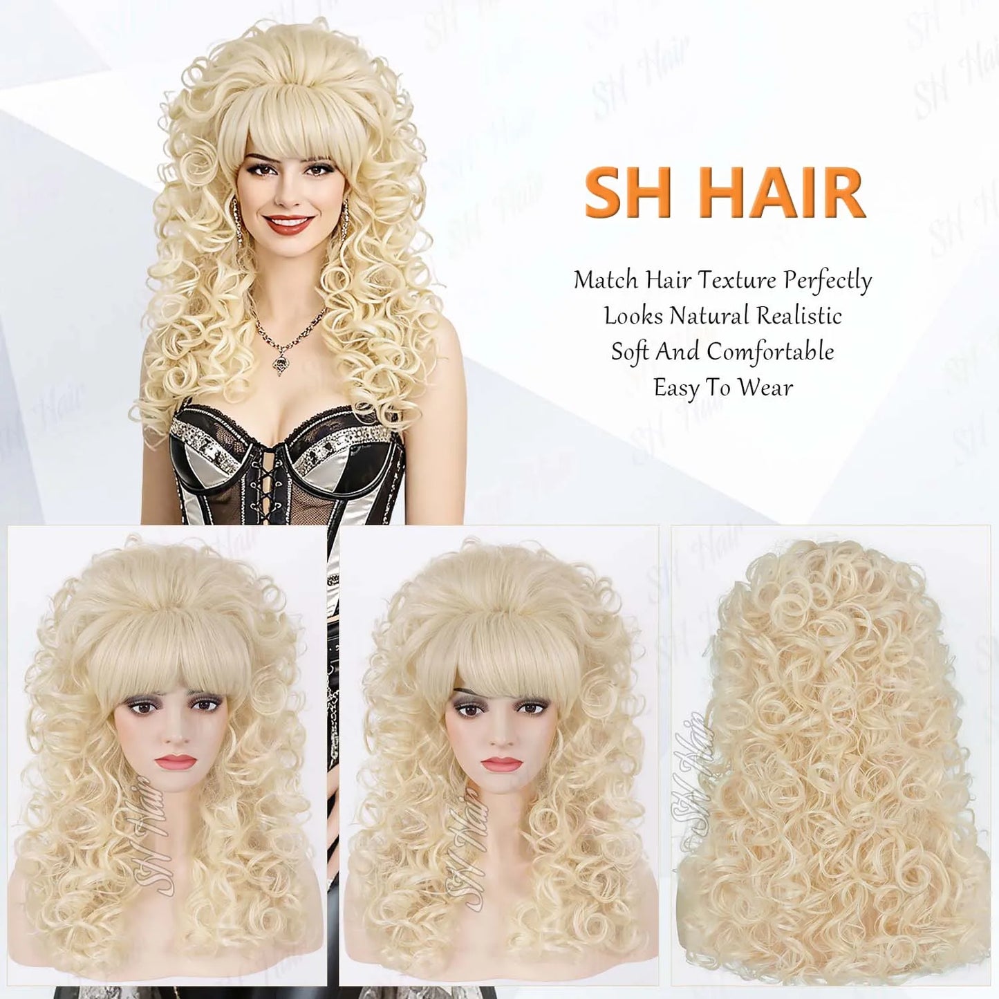 Synthetic 80s Vintage Big Beehive Wig for Women Retro Curly Wig with Bangs for 60s 70s Cosplay Halloween Party,Dolly Costume Wig