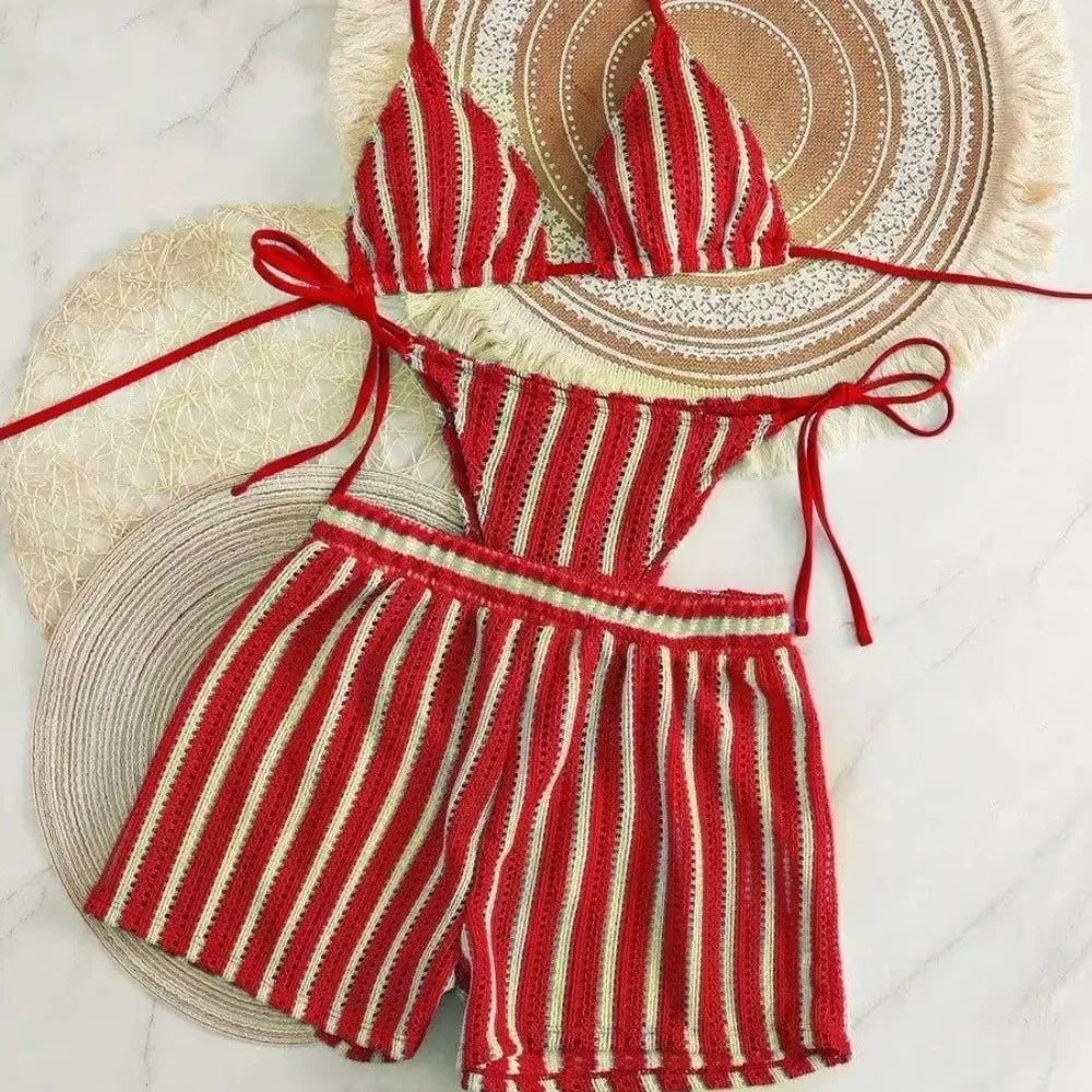 Fashion Stripes 3 in 1 Swimwear Set Lace Up Slim Fit Bikini Bathing Suit Deep-V Sleeveless Knitting Swimsuit Vacation