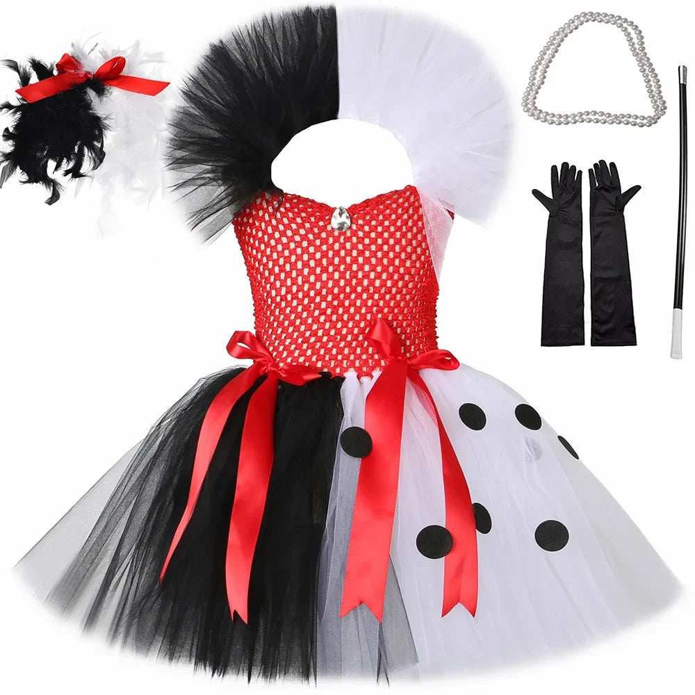 Halloween Crulla Cosplay Costume Cruella Tulle Dress Party Girls Black White Carnival Kids Cruella Wig Lace Mask Suit Clothes