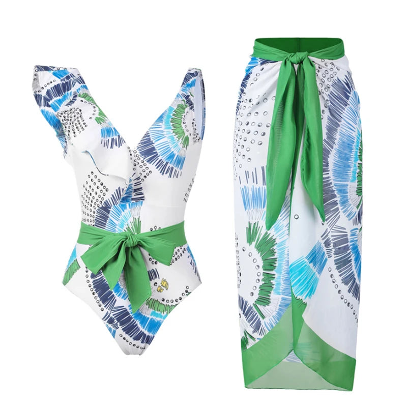 2024 Sexy Sling Ruffle Solid Two Pieces Bikini Women High Waist 3D Flower Swimsuit Skirt Summer Backless Beachwear Bathing Suit