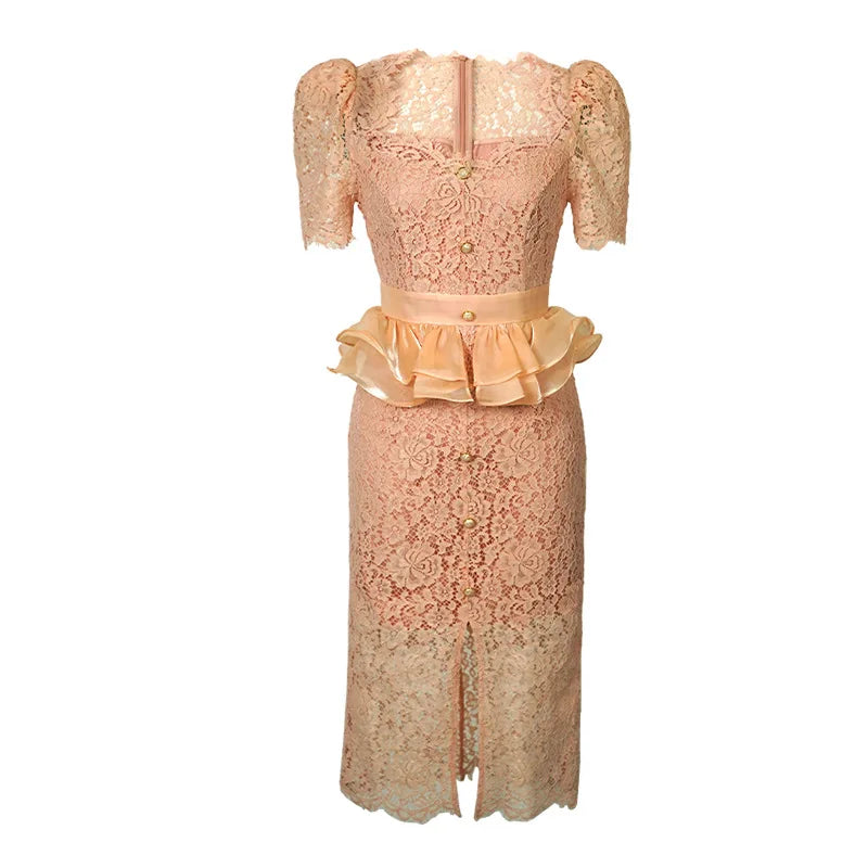 New Summer Elegant Women Evening Dress Chic Lace Pink Sheer Sexy Low Cut Ruffle Slim Midi Pencil Party Prom Femme Mujer Vestidos