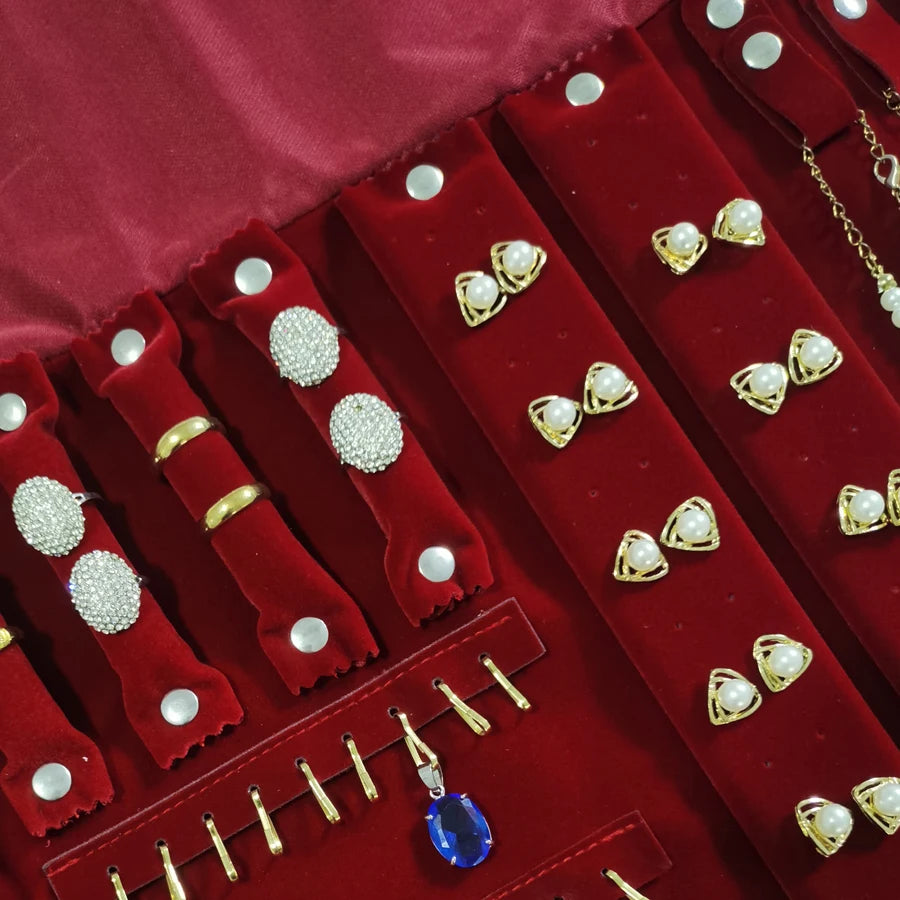 Burgundy Velvet Jewelry Roll Bag Portable Foldable for Necklace Earrings Ring Travel Exhibitions Organizer Storage Bag