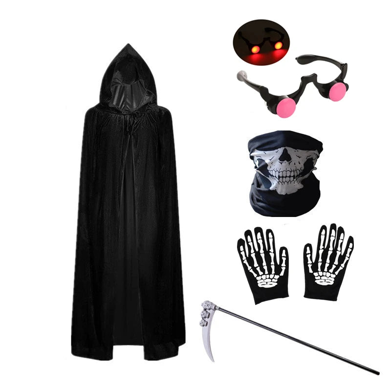 Halloween Scary Costume Grim Reaper Costume for Boys Kids Costume with Glowing Red Eyes with Gloves Mask