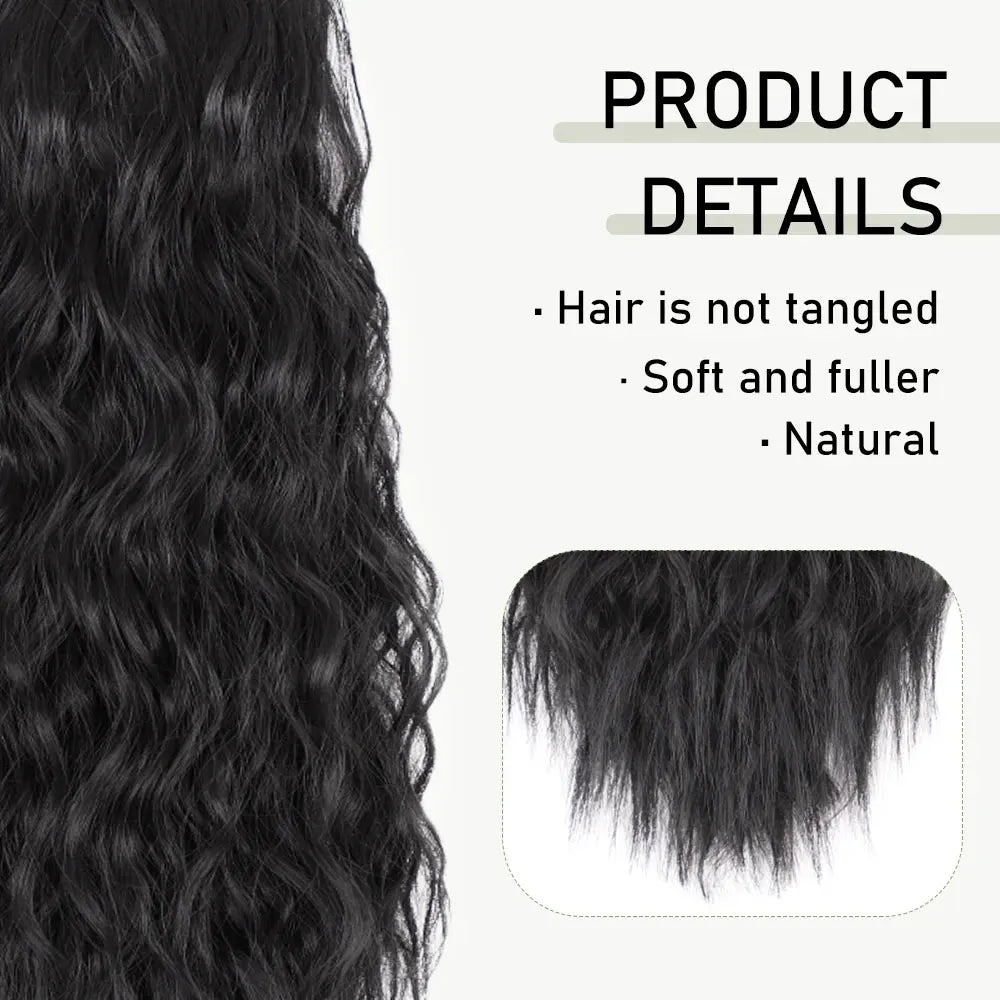 Synthetic Long Corn Wave Ponytail Extension Magic Paste Heat Resistant Wavy Wrap Around Ponytail Black Hairpiece for Women