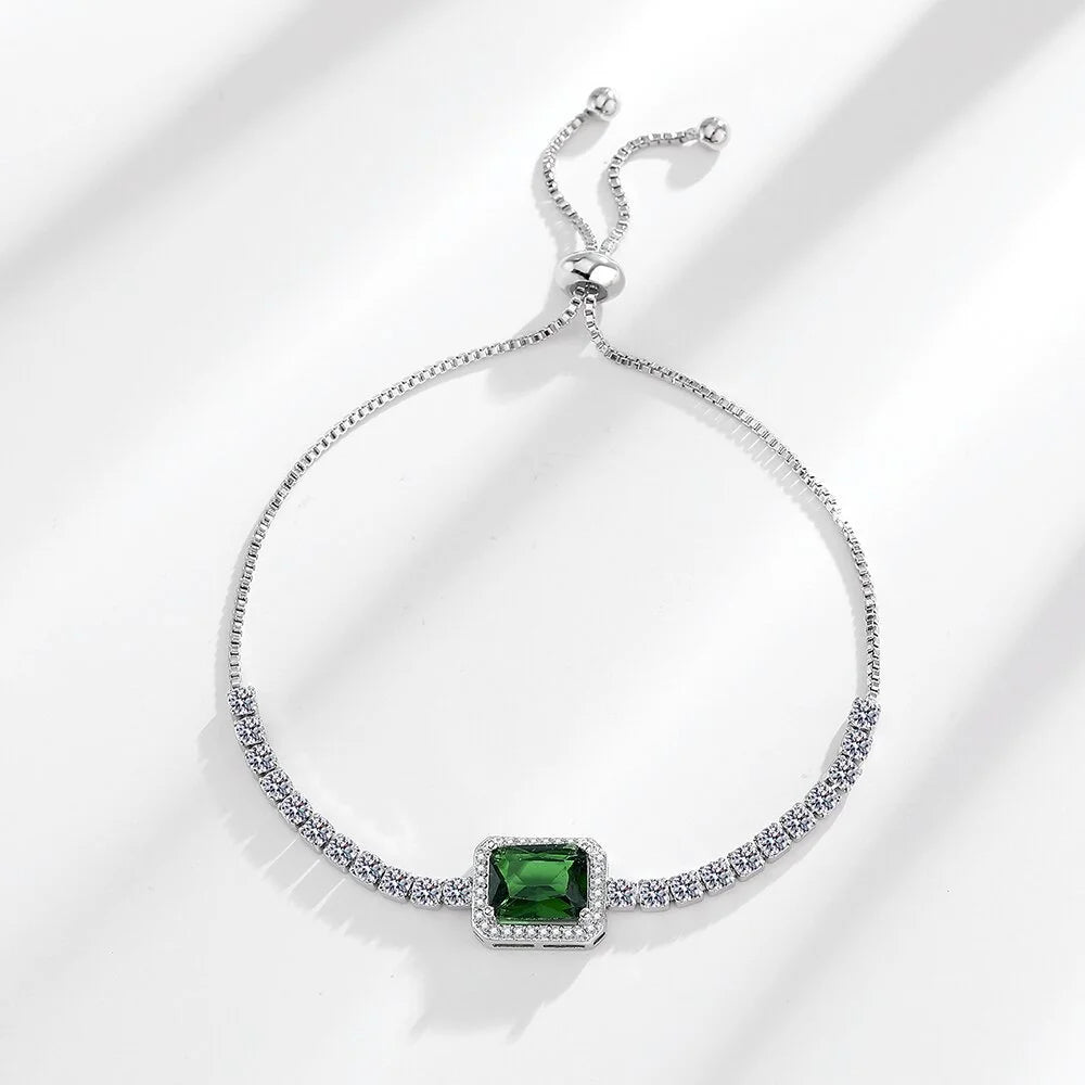 925 Sterling Silver Bracelet, Square Imperial Green Zircon Adjustable Size, Luxury Elegant Jewelry Bracelet For Men And Women