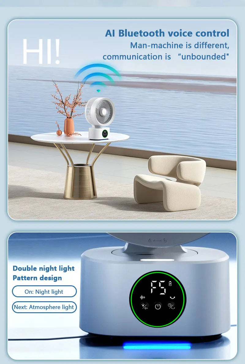 Portable Air Circulation Fan Smart Voice Remote Control USB Rechargeable Desktop Wall-Hanging Shaking Head Fan with Nightlight