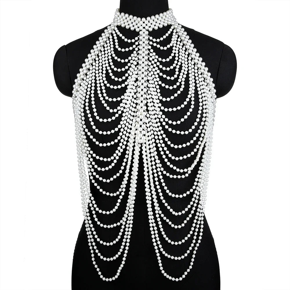 Sexy Pearl Body Chain For Women Necklaces Shawl Female Punk Style Beaded Collar Shoulder Sweater  Long Chain Bridal Body Jewelry