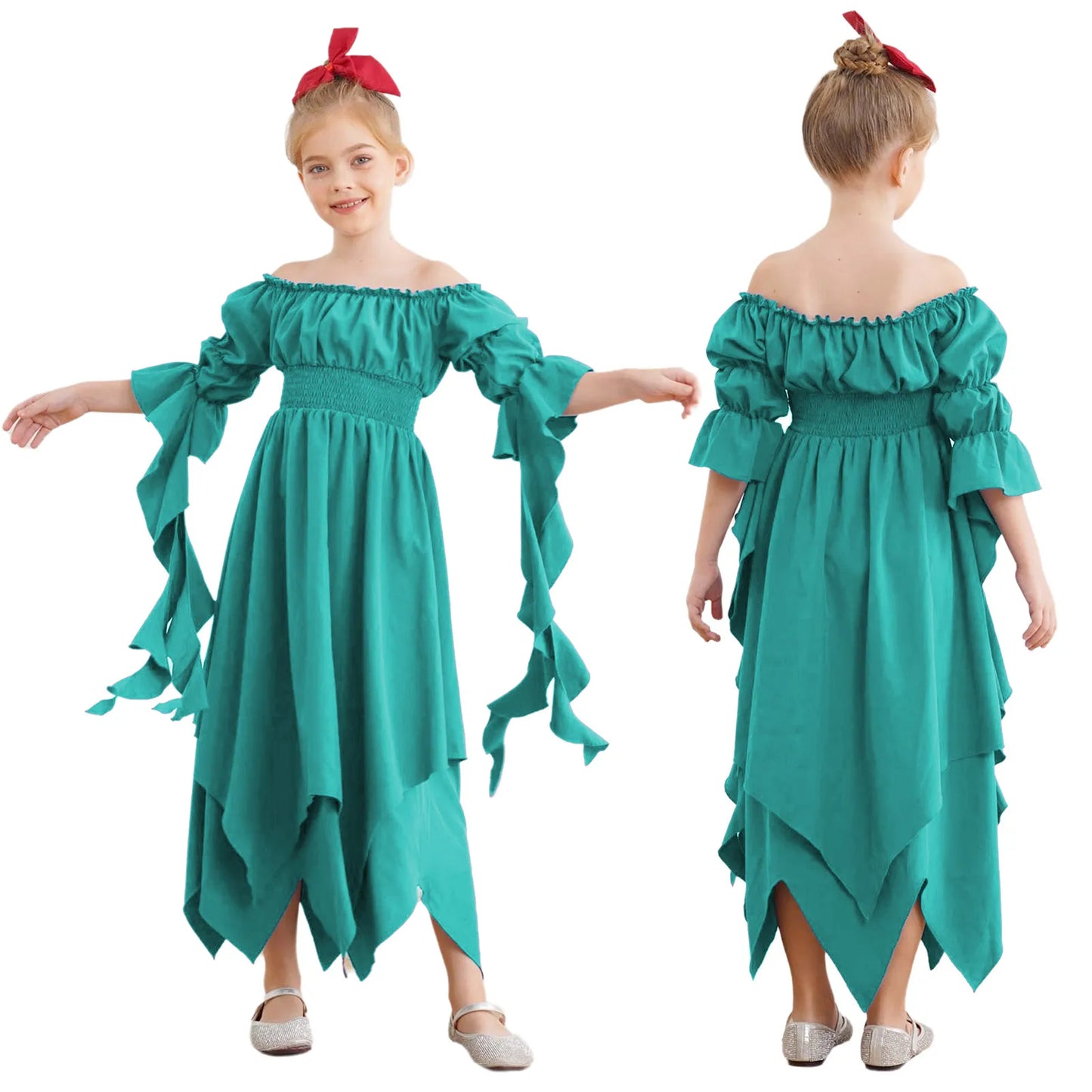 Girls Halloween Medieval Renaissance Witch Vampire Cosplay Costume Victorian Gothic Dress Off Shoulder Smocked Irregular Gown