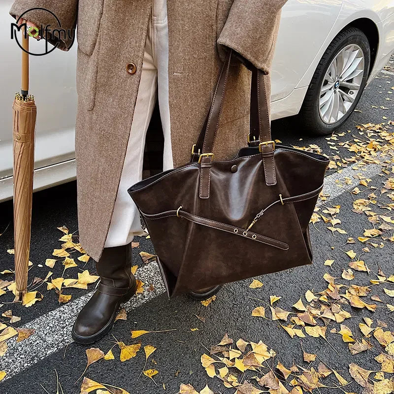 Tote Bag Designer Retro PU Leather Shoulder Handbag For Women Winter Trend Y2K Fashion Handbags Females Travel Luxury Tote Bags