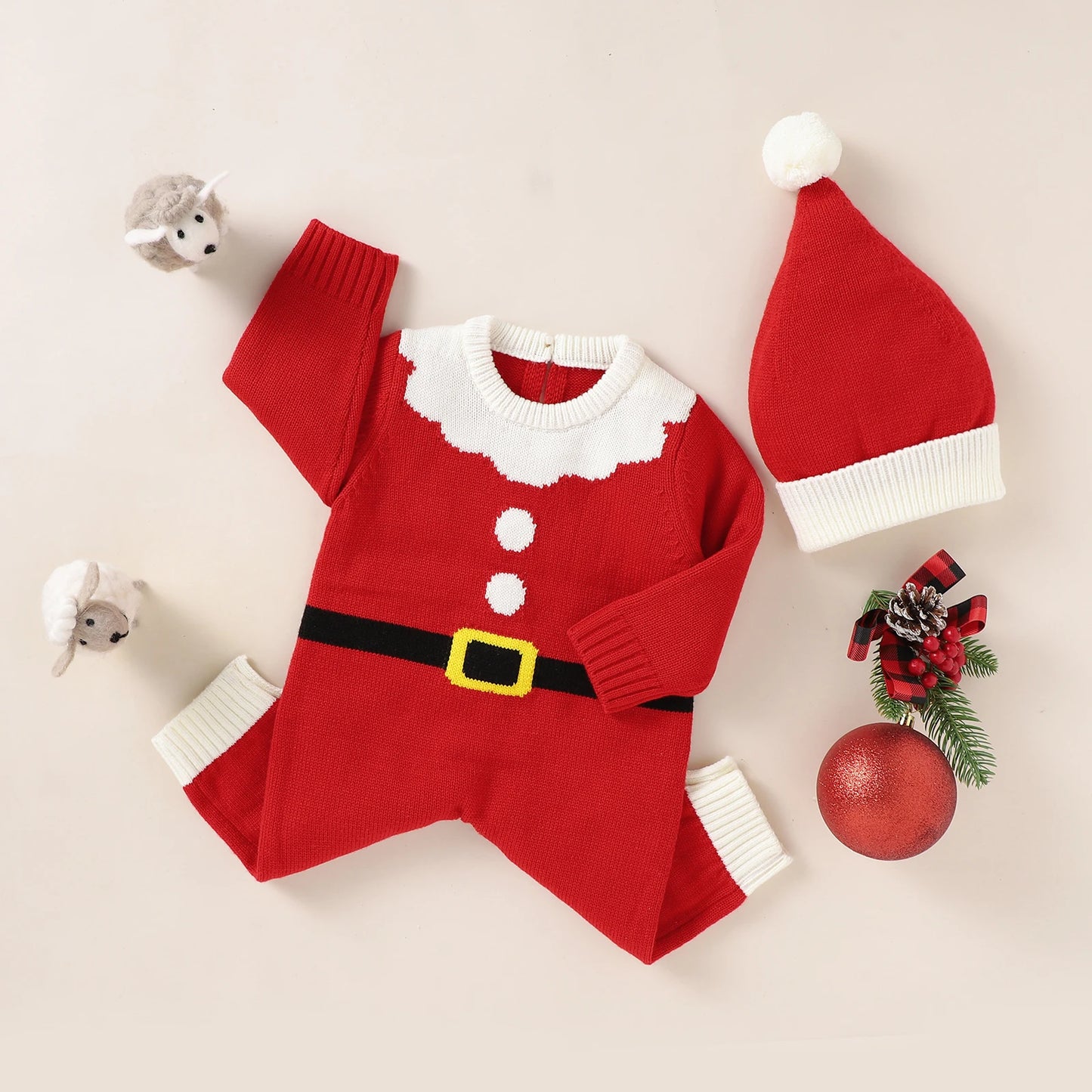 Infant Christmas Outfits Baby Romper Clothes Winter Red Santa Claus Knitted Newborn Infant Boy Girl Christmas Gift Jumpsuits+Hat